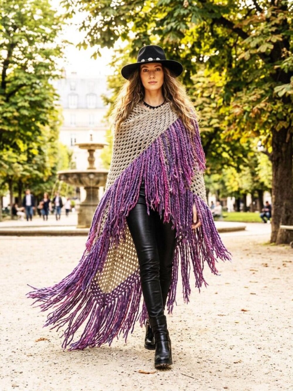 Boho Beige Multi colors Purple pink Bulky Double Braided Fringe Shawl O/S